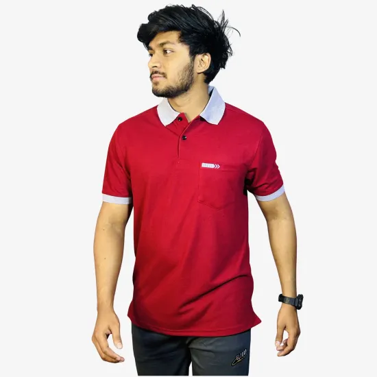 Men's Crimson Red Polo T-Shirt with Ash Grey Collar | Classic Comfort Fit